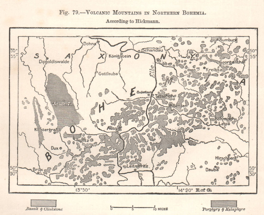 Volcanic Mountains in Northern Bohemia per Hickmann. Czech Rep. Sketch map 1885